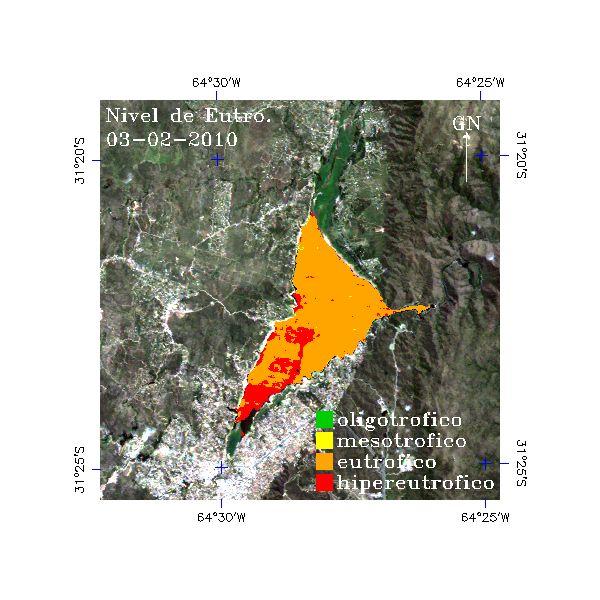 En la figura 3 se muestra Mapa de nivel de eutrofización del embalse San Roque elaborado a partir de una imagen LANDSAT-5TM de fecha 03-02-2010.