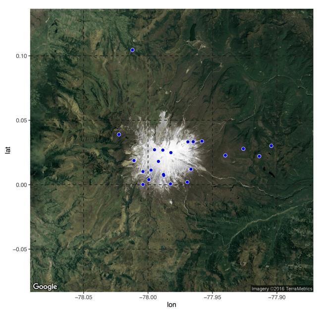 Fig. 4: Localización de los sismos (puntos azules) en las últimas dos