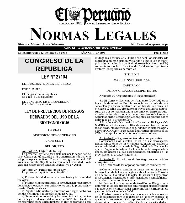 II. NORMATIVA NACIONAL LEY 27104 Ley de Prevención n de riesgos derivados del uso de la Biotecnología Art. 1.