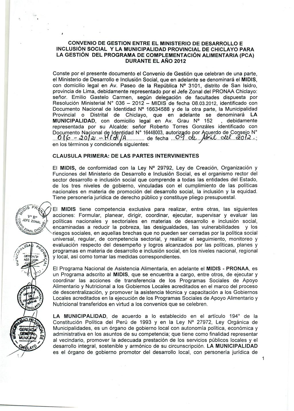 CONVENIO DE GESTION ENTRE EL MINISTERIO DE DESARROLLO E INCLUSiÓN SOCIAL Y LA MUNICIPALIDAD PROVINCIAL DE CHICLAYO PARA LA GESTiÓN DEL PROGRAMA DE COMPLEMENTACIÓN ALlMENTARIA (PCA).