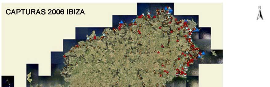 Mapa de la isla de Ibiza con los puntos de captura 2006, ubicados con GPS (Datos Finales acumulados de las 4 revisiones de las trampas).