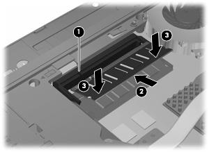 c. Presione suavemente el módulo de memoria (3) hacia abajo, aplicando presión tanto en el borde izquierdo como en el derecho del módulo, hasta que