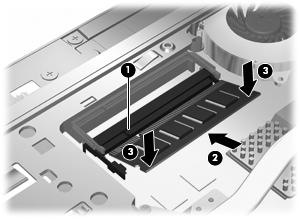 c. Presione suavemente el módulo de memoria (3) hacia abajo, aplicando presión tanto en el borde izquierdo como en el derecho del módulo, hasta que los clips de retención se encajen.