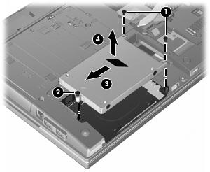 12. Levante la unidad de disco duro (4) sacándola del compartimiento de la unidad de disco duro. Para instalar una unidad de disco duro: 1.