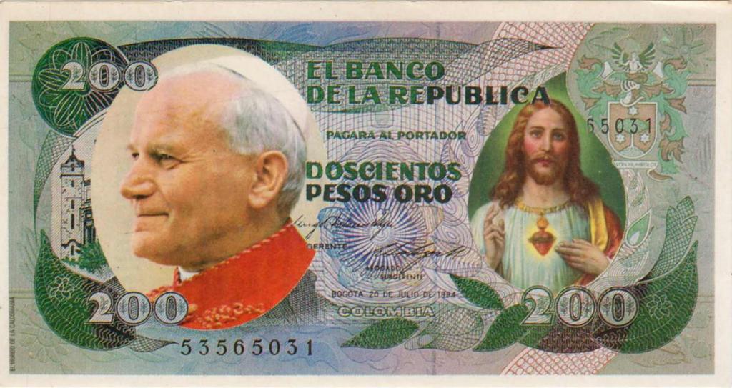 Medalla conmemorativa de la visita a Colombia de los papas Pablo VI y Juan Pablo II Esta visita papal también nos dejó como recuerdo dos billetes fantasía realizados por particulares.