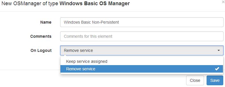 Para configurar un "Windows Basic OS Manager" se indica un nombre y se configura la acción que realizará el sistema cuando un usuario cierre sesión: - Keep service assigned: Cuando un usuario cierre