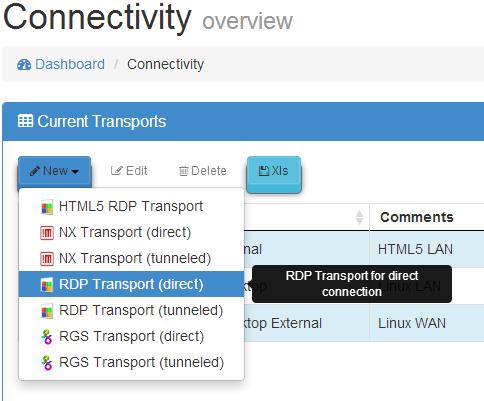 4.6.4 RDP Transport (direct) Un "RDP Transport (direct)" permite acceso a escritorios virtuales Windows mediante el protocolo RDP (es necesario que las máquinas virtuales tengan habilitado el
