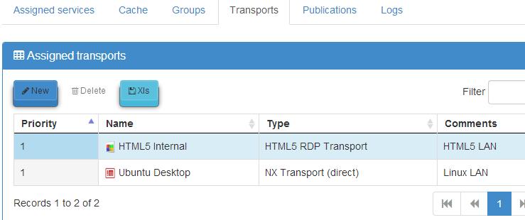 Transports: Se indicarán los Transport para realizar la conexión con el escritorio virtual (previamente añadidos en el apartado Transports