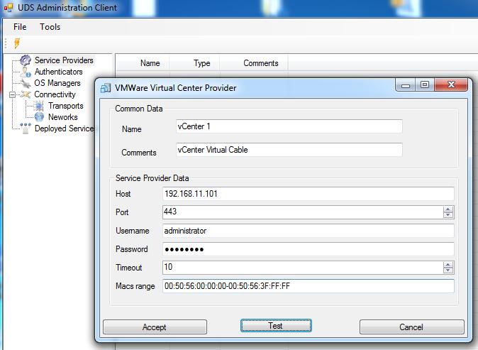 En un VMware Virtual Center Provider los parámetros mínimos a configurar son: Nombre del Servicio, IP del servidor vcenter (campo Host ), un nombre de usuario y un password con derechos de