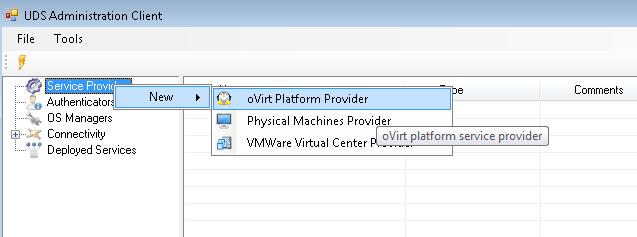 5.1.2 Plataforma VDI con ovirt Despliegue de plataforma VDI mediante la infraestructura virtual ovirt. 5.1.2.1 Alta de proveedor de servicios ovirt Platform Provider Seleccionamos ovirt Plataform Provider.