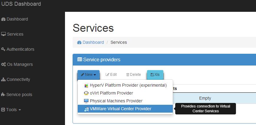 4.1.1 Plataforma VDI con VMware vsphere Despliegue de plataforma VDI mediante la infraestructura virtual VMware vsphere 4.1.1.1 Alta de proveedor de servicios VMware Virtual Center Provider En "Services", pulsamos sobre "New" y seleccionamos VMware Virtual Center Provider.