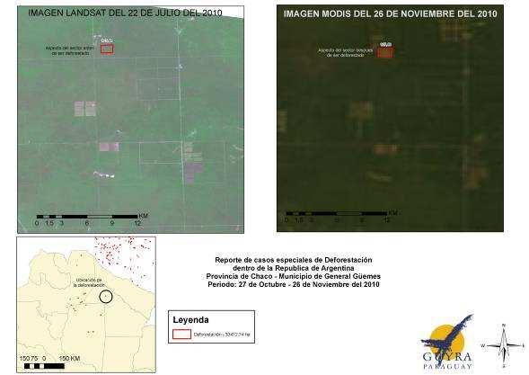 En la Argentina, se destaca el caso de la deforestación de 127 ha ocurrida en la Provincia de Chaco, en el Municipio de general Güemes, entre 27
