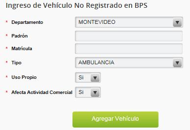 Se debe tener en cuenta que solicitudes vinculadas a vehículos no registrados en BPS, de uso propio y afectado a la actividad comercial,