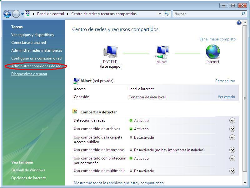 Instalación para Windows Vista continuación pulsa sobre Centro de redes y recursos compartidos y se te mostrará la siguiente ventana. Figura 5.10 Centro de redes y recursos compartidos.
