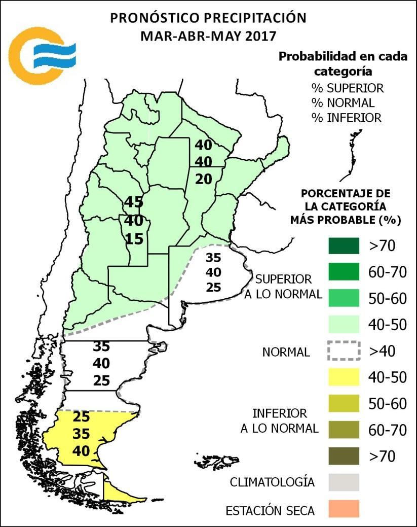 PRONÓSTICO TRIMESTRAL -Precipitación marzo-abril-mayo 2017 Se prevé mayor probabilidad de ocurrencia de precipitación: - Superior a la normal o normal sobre el norte y centro del país, Litoral, Cuyo,