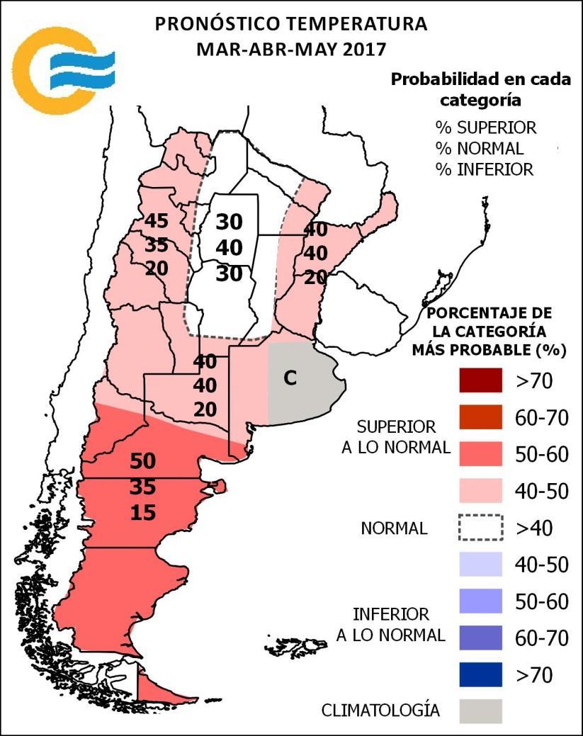 PRONÓSTICO TRIMESTRAL Temperatura Media marzo-abril-mayo 2017 Referencias Se prevé mayor probabilidad de ocurrencia de temperatura media: - Superior a la normal sobre la Patagonia.