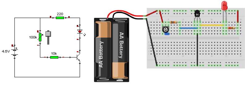 Activitat 14. Circuit bàsic d un transistor (2) Munta el següent circuit en la placa protoboard (recorda que el transistor dibuixat no és com el nostre i cal canviar l ordre dels terminals 2 i 3).