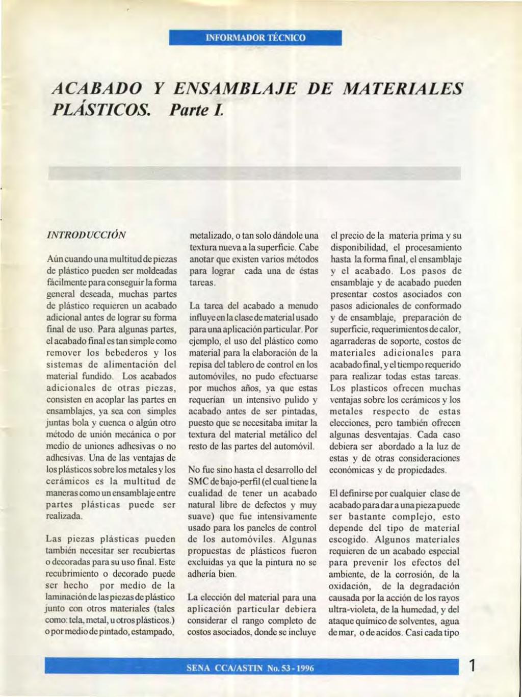 INFORMADOR TECNICO ACABADO Y ENSAMBLAJE DE MATERIALES PLASTICOS. Parte I.