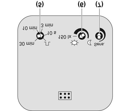 Imagen 2: Selector en la parte trasera (1) Unidad empotrable (2) Marco (3) Módulo detector de movimiento (4) Conmutador de modos de funcionamiento (5) Selector del tiempo de retardo a la desconexión