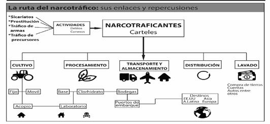 Ecuador como paso de vía del narcotráfico y su efecto en la seguridad interna es la recolección y procesamiento y/o elaboración de la droga donde se procesan y mezclan las bases vegetales con