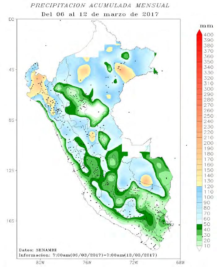 2 Mapa Nº 2 Promedio semanal de precipitación acumulada del 06 al 12 marzo del 2016 Sierra Sur: Durante esta semana, la región presentó lluvias frecuentes y de ligera intensidad; los acumulados