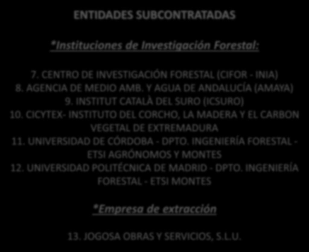 ASOCIACIÓN DE PROPIETARIOS DEL MONTE ALCORNOCAL DE EXTREMADURA (APMAE) ENTIDADES SUBCONTRATADAS *Instituciones de Investigación Forestal: 7. CENTRO DE INVESTIGACIÓN FORESTAL (CIFOR - INIA) 8.