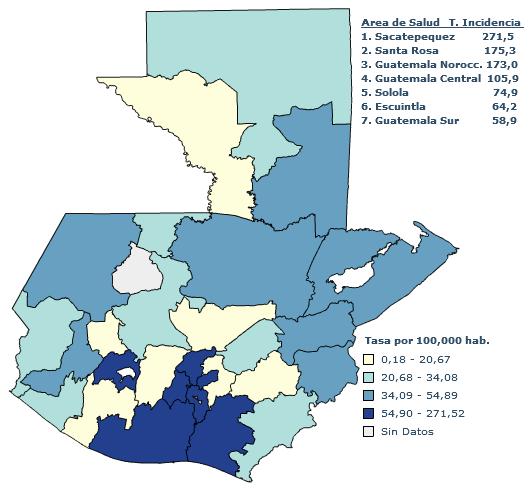 Mapa 1 Dengue, tasa de incidencia acumulada por área de salud Guatemala 2016-2017, S.E.