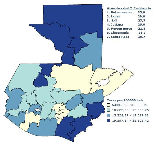 Mapa 2 IRAS, tasa de incidencia acumulada por área de salud Guatemala 2016-2017, S.E.