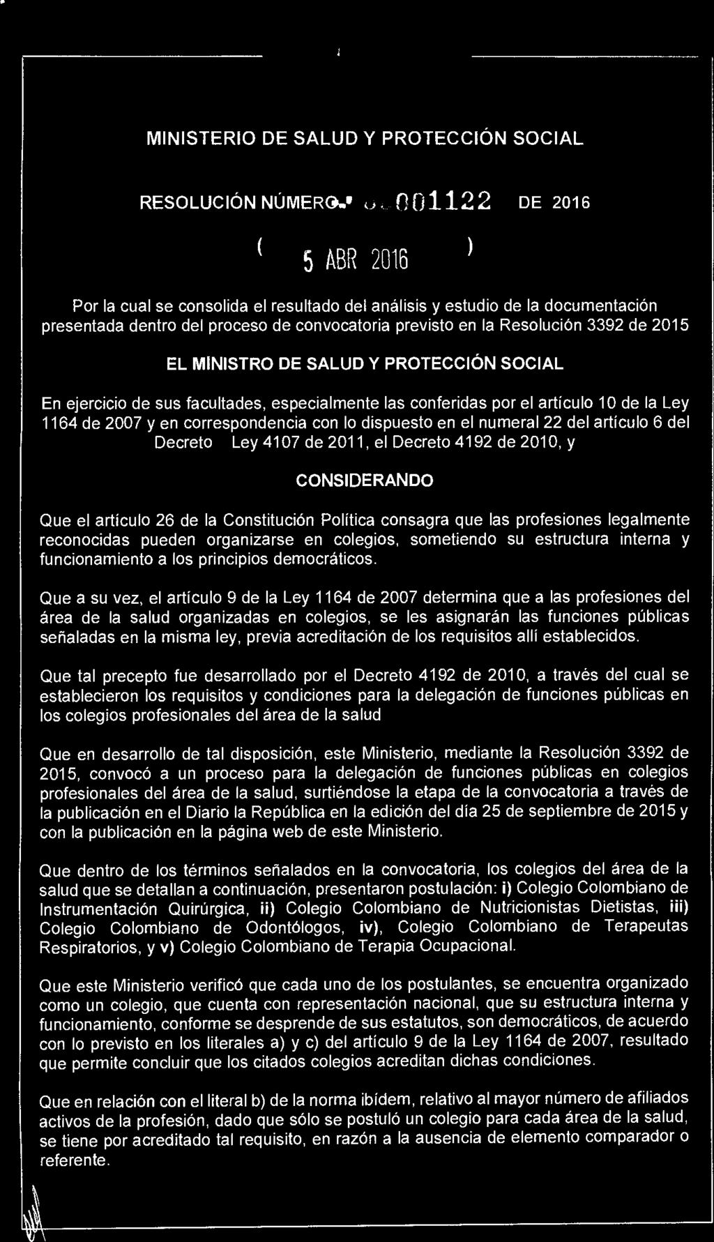REPÚBLICA DE COLOMBIA MINISTERIO DE SALUD Y PROTECCIÓN SOCIAL RESOLUCIÓN NÚMERO.