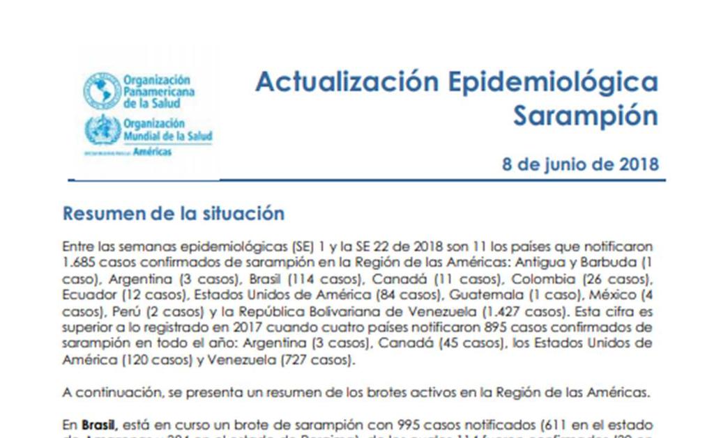 Entrelassemanasepidemiológicas(SE)1ylaSE22 de 2018 son 11 los países que notificaron 1.