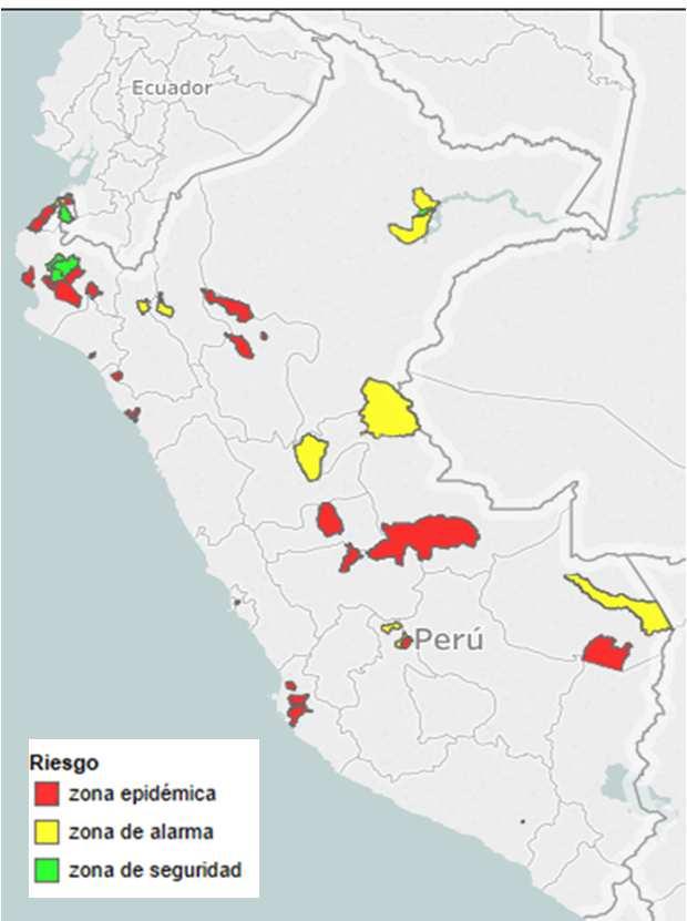 Dengue, Perú a la SE 39-2017 Riesgo de dengue por distritos según canal endémico, SE 39-2017. Últimas 4 semanas Departamentos Tasa x 35 36 37 38 media 39 SE 1-39 100000 Hab.