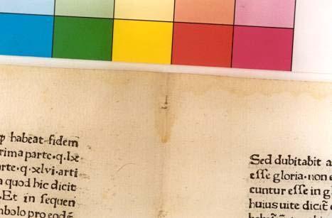 En cuanto a la apariencia física del soporte de papel, se aprecia un ligero amarilleamiento y algunas manchas de humedad en el margen superior (Fig. 6)