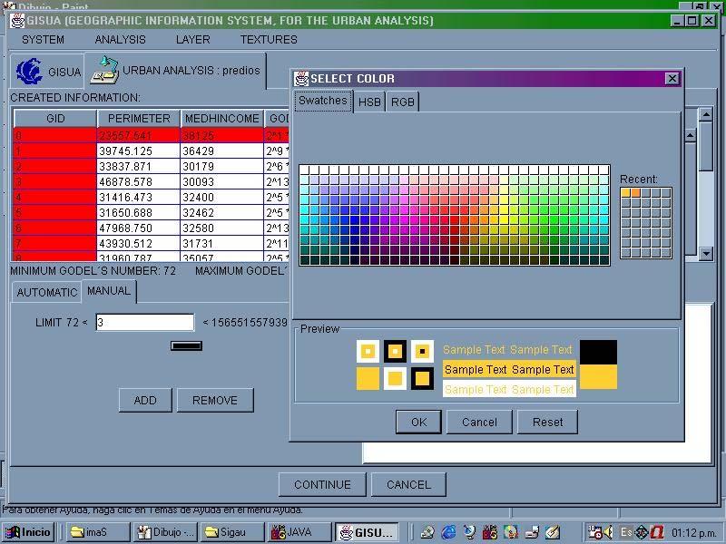 Para la asignación manual se debe indicar el color de cada rango, esto se lográ mediante el uso de una interfaz para definir colores, proporcionada dentro del conjunto de clases de Java. La figura 4.