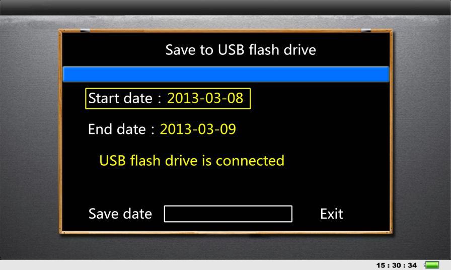 Figura 22 Interfaz Historial de datos guardados en la unidad flash Gire el mando giratorio para modificar la «fecha de inicio» y la «fecha de finalización» de manera que cubran el periodo de los