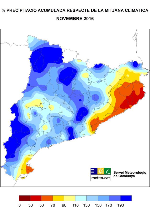 Distribució molt irregular de la precipitació El mes ha estat molt plujós a àmplies zones de la vall de l Ebre i vessant sud del Pirineu, a les serres de l Albera i Montserrat, i punts de la costa