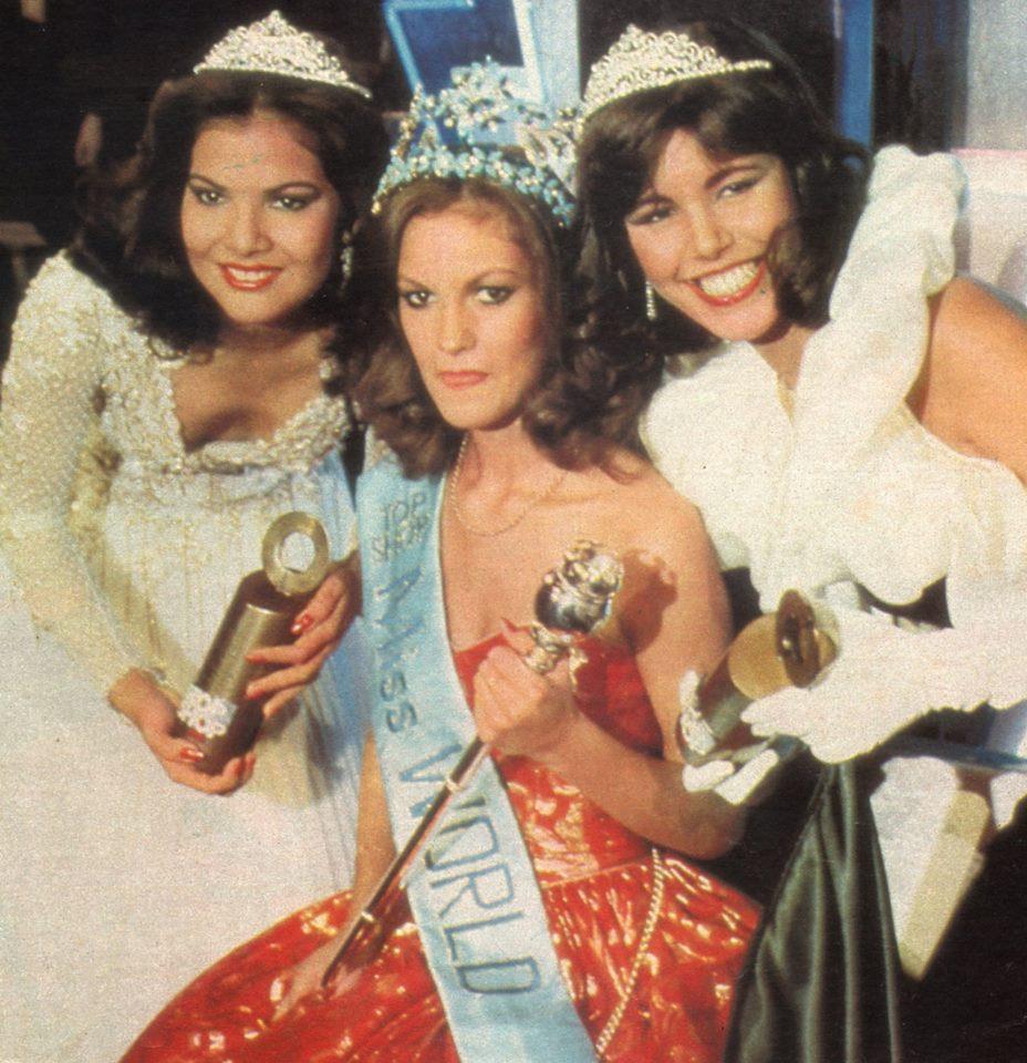 Las tres finalistas del certamen de Miss World 1983, de izquierda a derecha Miss Colombia Rocío Isabel