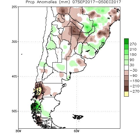 TENDENCIA CLIMÁTICA TRIMESTRAL EN ARGENTINA DICIEMBRE ENERO FEBRERO (2017/2018) SITUACIÓN EN ARGENTINA Durante noviembre de 2017 la precipitación en fue inferior a la media histórica 191-2010 en la