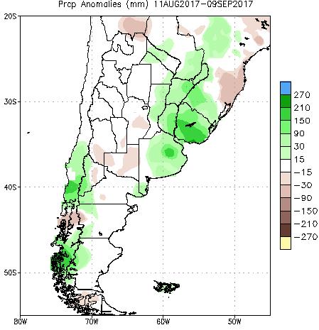 TENDENCIA CLIMÁTICA TRIMESTRAL EN ARGENTINA SEPTIEMBRE OCTUBRE NOVIEMBRE DE 2017 SITUACIÓN EN ARGENTINA Durante agosto de 2017 la precipitación en fue superior a lo normal en la porción este del