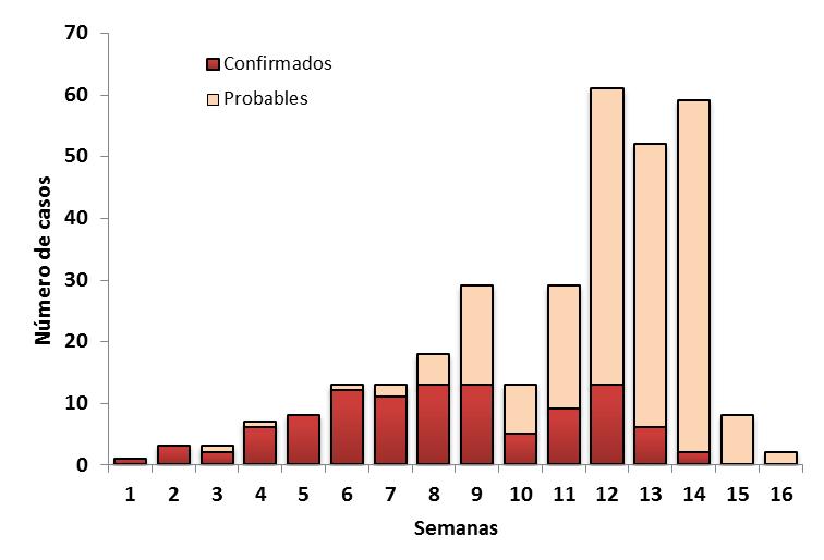Situación actual de Leptospirosis en el departamento de Tumbes, 2017 (Hasta la SE 16*) Casos confirmados y probables de leptospirosis en el departamento de Tumbes, 2017 (Hasta la SE 16) Casos