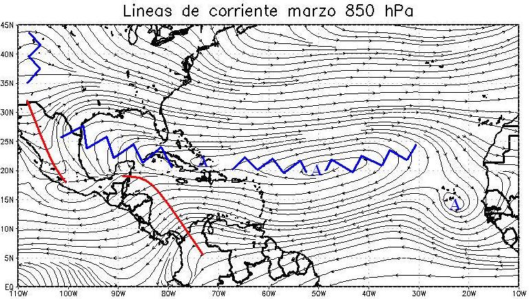 4 Resumen Meteorológico Marzo 213 c. En el nivel de 85 hpa: nuevamente el patrón atmosférico es un reflejo de lo que ocurre en niveles superiores.