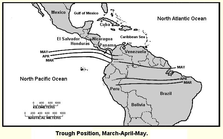Abajo: Posición climatológica mensual de marzo a mayo de la ZCIT. Fu