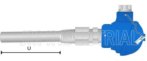 MODELO JMI-207 Ensamble con Termopozo roscado, termopar J, K, T o RTD (Pt100), conector doble block y cabeza.