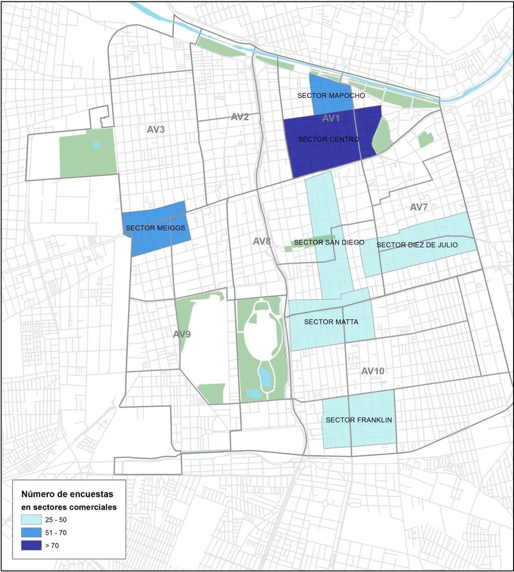 Figura 5 Distribución de casos en barrios comerciales de la comuna de Santiago