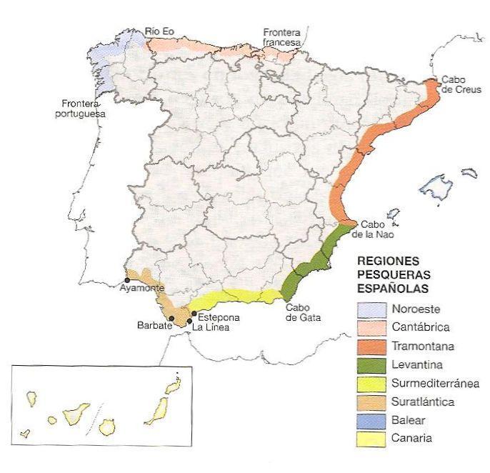 PRÁCTICA Nº 8 El mapa representa las regiones pesqueras españolas: a) Compara (similitudes y diferencias) la región del suratlántica con la del noroeste b)