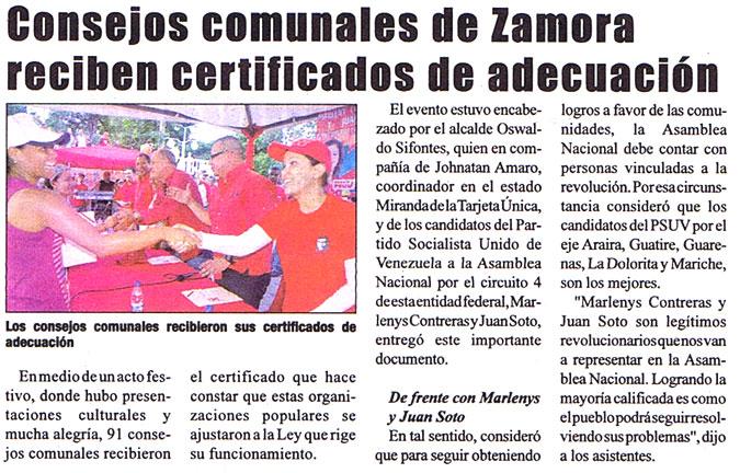 Consejos comunales de Zamora reciben certificados