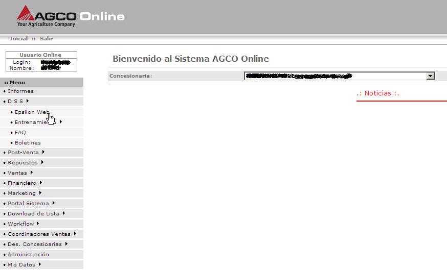 El sitio Epsilon Web Acceda normalmente a Agco Online.