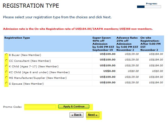 Tipo de Registro Seleccione su categoría de registro en esta página Si tiene un Código de Promoción de IAAPA,