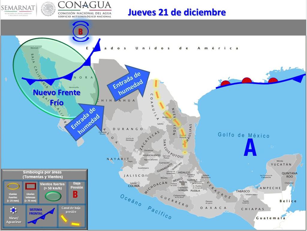 Lluvias dispersas (0.1 a 5 mm): Baja California Sur, Nayarit,Zacatecas, Guerrero, Tabasco Campeche, Yucatán y Quintana Roo.