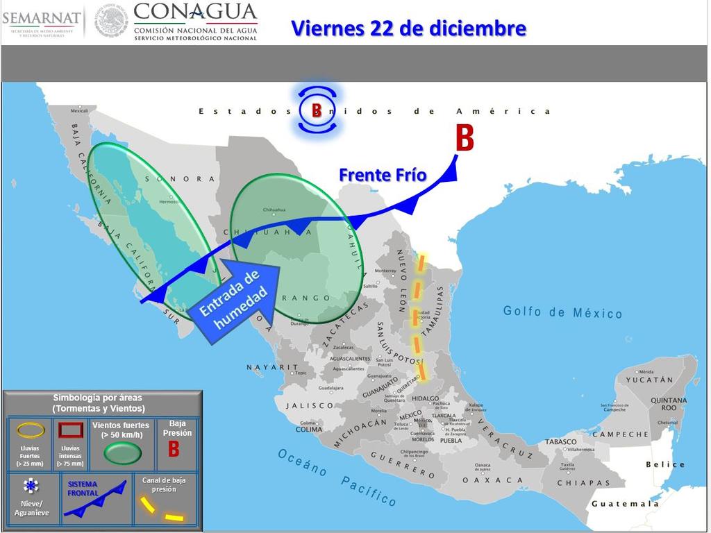 Lluvias dispersas (0.1 a 5 mm): Coahuila, Nuevo León, Tamaulipas, San Luis Potosí, Querétaro, Yucatán y Quintana Roo.