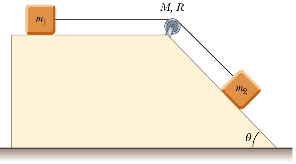 ) Un bloque de masa m1 = kg un bloque de masa m = 6 kg están conectados po una cueda sin masa sobe una polea en foma de disco sólido que tiene de adio R =.5 m masa M = 1 kg.